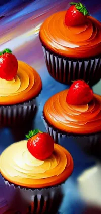 Satisfy your sweet tooth with this phone live wallpaper featuring a stunning photorealistic painting of cupcakes with fluffy frosting and a ripe strawberry on top