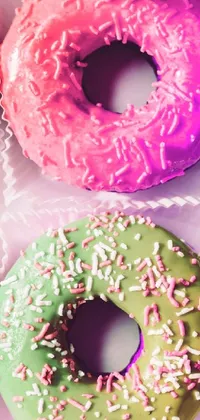 Looking for a colorful and eye-catching live wallpaper for your phone? Check out this stunning design featuring a close-up of a box of doughnuts with rainbow sprinkles! The photo has been colorized to enhance the bright and vibrant colors, while pastries and cakes in green and purple make up the background