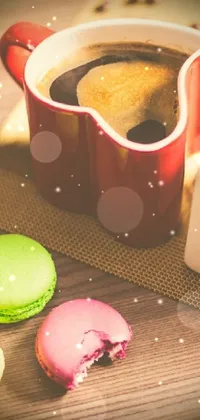 Indulge in the cozy café ambience with this realistic live wallpaper! Featuring two steaming cups of coffee and luscious macaroons on a vintage wooden tabletop, this design is trending on Shutterstock for its inviting colors and vividness