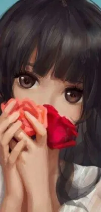 This anime live wallpaper depicts a cute girl holding a rose close to her face, with big anime eyes styled in Wlop's art style