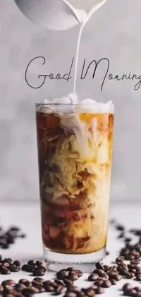 This live wallpaper showcases the pouring of an iced coffee into a tall glass and features a photorealistic painting, perfect for coffee lovers who appreciate art