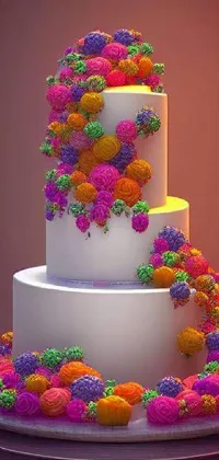 This phone live wallpaper showcases a stunning three-tiered cake adorned with lively and vibrant flowers