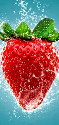 This incredible phone live wallpaper showcases a vibrant red strawberry being sprinkled with water droplets on a tranquil blue background