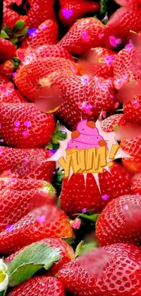 Looking for a fun and lively live wallpaper design for your phone? Look no further than this delightful image featuring a stack of juicy strawberries! Presented in a playful spritesheet format, this 3D-like scene features a variety of creatures with a keen interest in those delicious berries