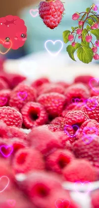 This phone live wallpaper features a stunning product image of raspberries arranged on a wooden tray in a bustling farmer's market