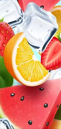 Looking for a fresh and vibrant live wallpaper for your phone? Look no further than this incredible design featuring delicious watermelon slices, oranges, strawberries, and ice cubes set against a vivid blue background