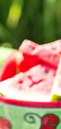 The phone live wallpaper showcases a colorful and vibrant summer scene, featuring close-up shots of a bowl filled with watermelon slices