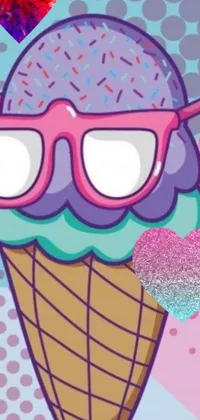 This phone live wallpaper features an adorable ice cream cone with heart-shaped glasses and a unicorn horn