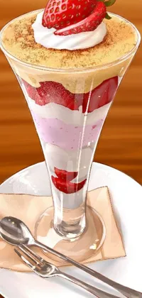 This stunning phone live wallpaper features a mouthwatering dessert resting on a white plate against a background of swirling parfait