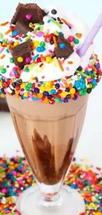 This live wallpaper features a chocolate milkshake with rainbow sprinkles and a purple straw, set against a rugged background