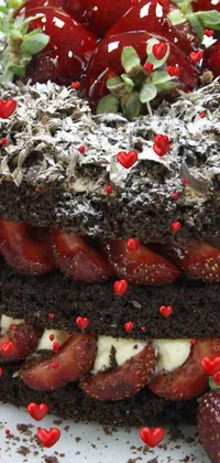Indulge in a visual delight with this phone live wallpaper featuring a chocolate cake topped with juicy strawberries and whipped cream