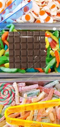This colorful and realistic phone live wallpaper features a tray bursting with various types of tantalizing candies, including gummy worms, jelly beans, silver-wrapped chocolates, lollipops, and more