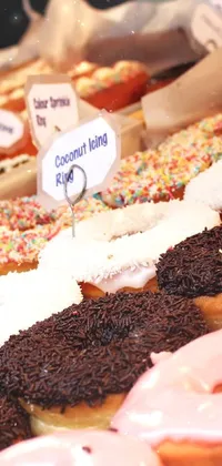 This live wallpaper showcases a display case filled with various mouth-watering types of donuts perfectly arranged in a row on a shiny surface