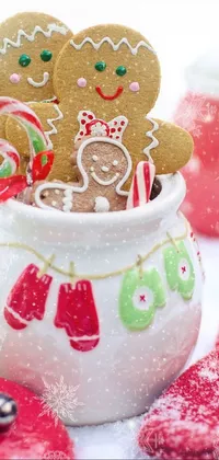 This stunning live wallpaper features a cup filled with delicious cookies and candy canes on a wooden table