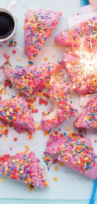 This phone live wallpaper depicts a delectable table spread topped with colorful sprinkle-coated cake slices, arranged in a perfect triangle formation