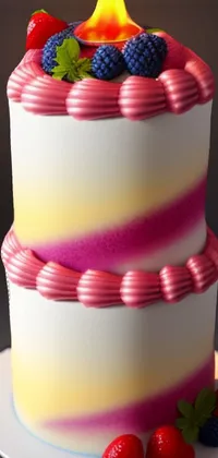 This stunning live wallpaper features a three-layer cake with strawberries and raspberries on top