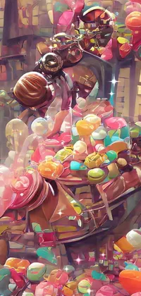 This mobile live wallpaper is a fun and colorful display of doughnuts arranged on a table