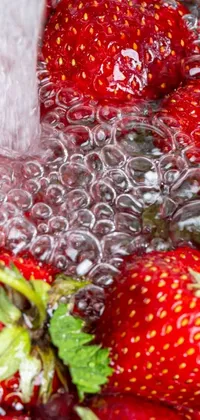 Enjoy a beautifully crafted phone live wallpaper featuring a close-up of fresh strawberries being washed