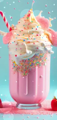 Introducing a delightful live wallpaper for your phone that features a pink milkshake adorned with sweet strawberries and colorful sprinkles