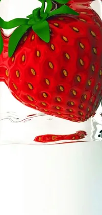 This phone live wallpaper showcases a vibrant and juicy strawberry floating in a shiny glass container