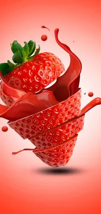 This phone live wallpaper portrays a ripe, juicy strawberry falling smoothly into a clear bowl of liquid, showcasing its inner structure and vibrant colors