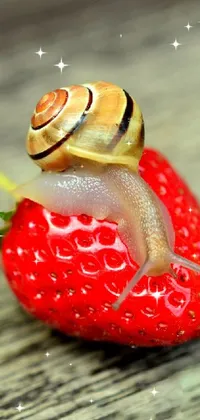 Looking for a delightful and playful phone live wallpaper? Look no further than this high-resolution image featuring a tiny snail perched atop a juicy strawberry