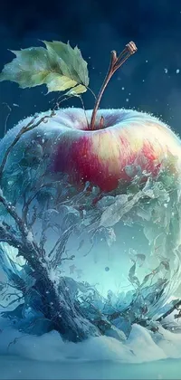 This phone live wallpaper displays a captivating artwork featuring an apple on top of a snow-covered ground