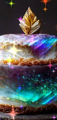 This live phone wallpaper features a close-up of a decadent cake on a plate with a trendy tumblr vibe, holographic lighting effect, and beautiful caramel and nacre accents