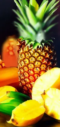 Get mesmerized by the stunning phone live wallpaper of a whimsical painting featuring fresh, juicy pineapples and bananas placed gracefully on a table