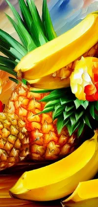 Bring the tropics to your phone with this vibrant live wallpaper! Featuring a stunningly detailed painting of fresh pineapples, juicy bananas, and sweet strawberries, this photorealistic digital art captures the essence of tropical fruits