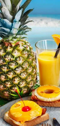 This phone live wallpaper captures a tropical scene featuring a ripe pineapple and a refreshing glass of orange juice on a wooden table