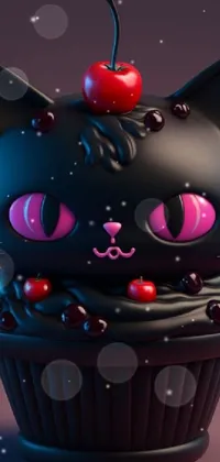 This captivating live wallpaper depicts a black cat sitting atop a colorful cupcake