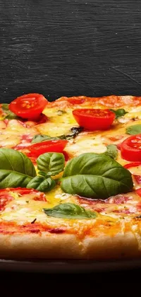This phone live wallpaper showcases a delicious pizza close-up on a plate with a black studio background