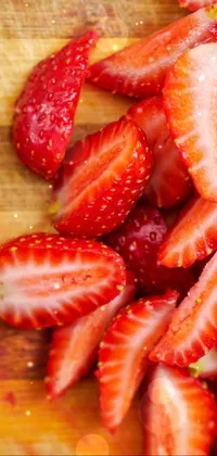 Add some sweetness to your phone's home screen with this stunning live wallpaper of a pile of red, juicy strawberries placed on a wooden cutting board