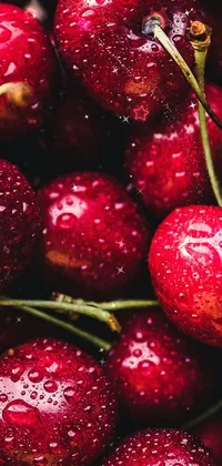 This live phone wallpaper showcases a cluster of fresh red cherries coated in droplets of water against a blurred background