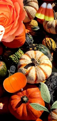 This phone live wallpaper showcases a stunning digital art piece that features a vibrant rose placed on top of a pile of pumpkins