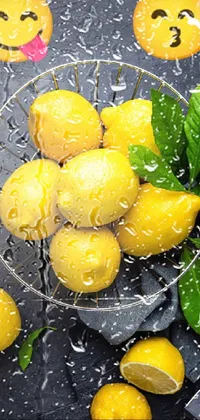 This vibrant live wallpaper features a basket of fresh lemons placed on a wooden table