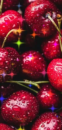 This phone live wallpaper features a close-up of red cherries digitally rendered in lifelike texture