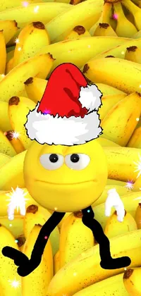 This fun and festive phone live wallpaper features a bunch of bright yellow bananas topped with a cheerful Santa hat