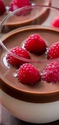 Indulge in a delicious and tempting phone live wallpaper featuring two glasses of chocolate pudding topped with raspberries