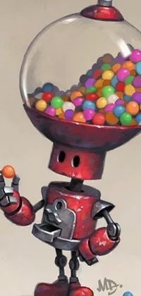 This phone live wallpaper features a captivating digital painting of a robot holding a gum ball machine