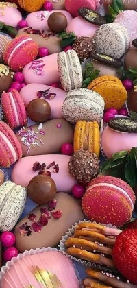 This enticing live wallpaper for phone features a table adorned with various delectable treats such as chocolate covered strawberries, macarons, a pink frosted donut, caramel drizzled popcorn, and a sparkling glass filled with champagne