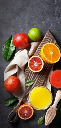 This live wallpaper depicts a wooden cutting board with colorful oranges and limes on a gray background