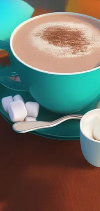 Enjoy the warmth and comfort of a cup of hot chocolate with marshmallows in this stunning phone live wallpaper! Presented in photorealistic 3D rendering, the brown and cyan color palette brings to life the sophistication and playfulness of a coffee shop atmosphere