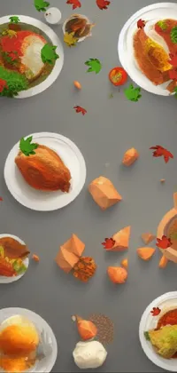 This live wallpaper for your phone showcases a bird's eye view of a table with various dishes arranged on top