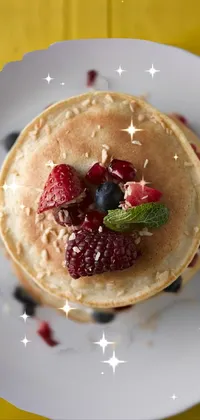 This phone live wallpaper showcases a scrumptious pancake, embellished with luscious, mushed berries neatly laid on a clear white plate