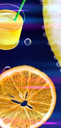 This digital art phone live wallpaper showcases a close-up photograph of two slices of lemon lying side by side on a blue and orange backdrop