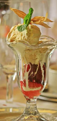 Get a close-up view of a delicious renaissance-style ice cream dessert on your phone! This live wallpaper showcases a red, white, and gold color scheme that's sure to catch your eye