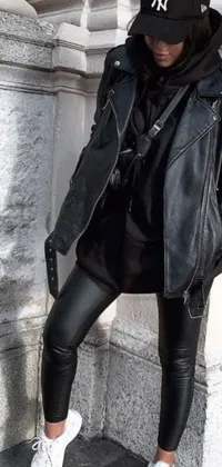 This edgy phone live wallpaper features a fierce woman wearing biker leather, leaning against a wall