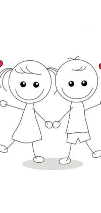 This cute Phone Live Wallpaper features a charming drawing of a boy and girl holding hands and smiling, surrounded by red hearts